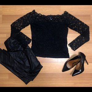 Black long sleeve lace top off the shoulder look